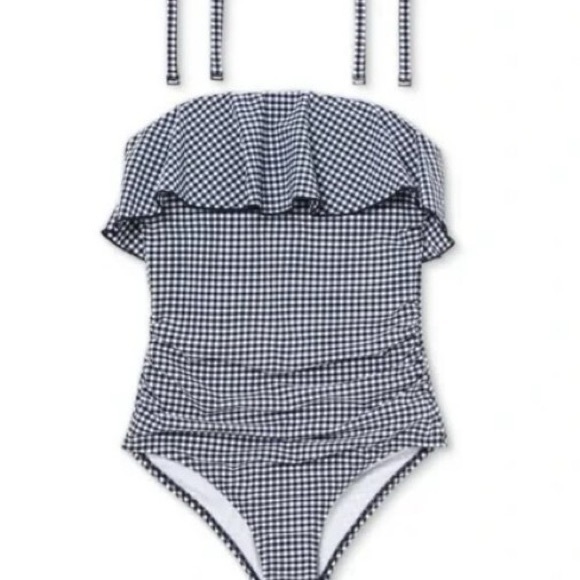 NEW Gingham Navy Checkered Ruffle Women’s Medium One Piece Swimsuit Kona Sol - Picture 3 of 11
